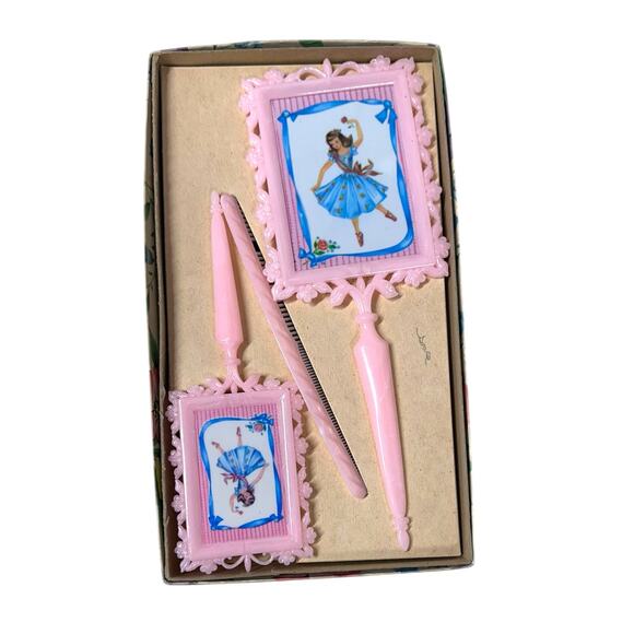 Vintage Childs Dresser Vanity Set Mirror Comb Brush W/ Original Box from 1950’s - Picture 1 of 9